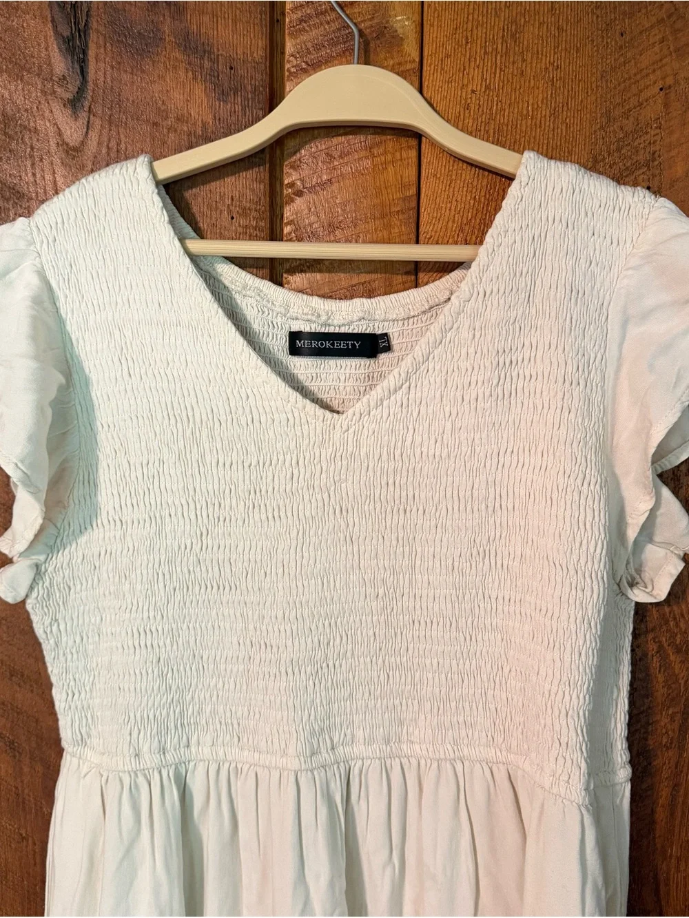 Boutique Smocked Tiered Skirt Midi Dress Cream Romantic Cottagecore Boho XL